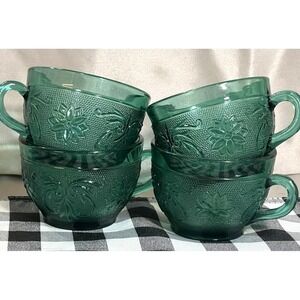4-STUNNING VTG TEAL COFFEE CUP INDIANA GLASS TIARA SANDWICH SPRUCE GREEN (95)
